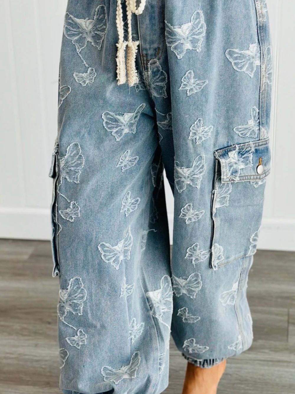 POL Light Blue Embroidered Butterfly Cargo Pants - Picture 2 of 5